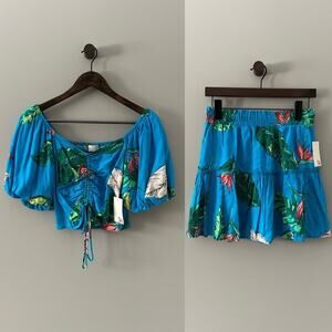 SO TURQUOISE BLUE CROP TOP W/ PUFF SLEEVES & TIERED MINI SKIRT SIZE MED SET